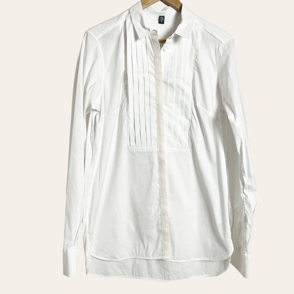 ELEVENTY Women's Solid White Pleated Bib Button Front Long Sleeve Shirt Size 8